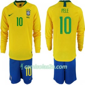 Camisolas de Futebol Brasil Pele 10 Criança Equipamento Principal Copa do Mundo 2018 Manga Comprida